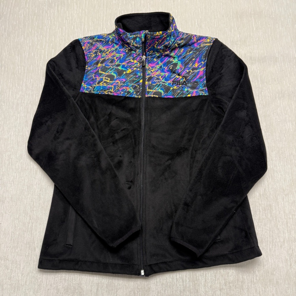 Y2K FILA Sport Crushed Velvet Jacket Womens Medium Black Vibrant Print Retro